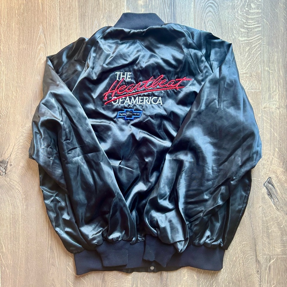 Vintage 80’s Chevrolet The Heartbeat of America Men’s Black Bomber Jacket XL USA